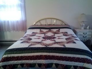 VINTAGE HAND QUILTED PIECED&SEWN STAR PATCHWORK COTTON QUILT - 86X86 GORGEOUS 2