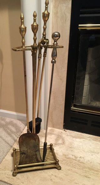 Vintage 5 Piece Brass Fireplace Tool Set (tongs,  Shovel,  Poker,  Broom,  Stand)