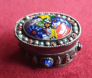 Vintage Silver Trinket,  Pill Box With Milliefiori Glass Decoration White Metal