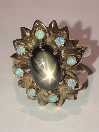 Ooak Rare Antique Solid 14k Gold Black Star Sapphire Opal Ring Starburst Sz 7