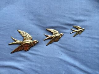 Vintage Quality Brass Metal Set 3 Wall Hanging Graduated Flying Birds Swallows