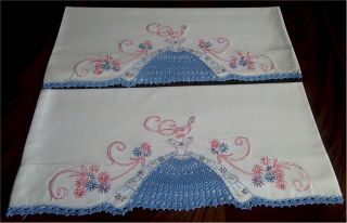 Lovely Vintage Pillow Cases Hand Embroidered Southern Belle Hand Crocheted Lace