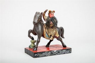 Vintage Chinese Wood Carving Of A Horse And Rider Painted And Gilt