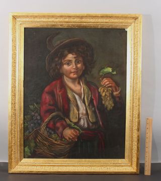 Antique Pastel Drawing Portrait & Gold Gilt Frame Italian Peasant Boy W/ Grapes