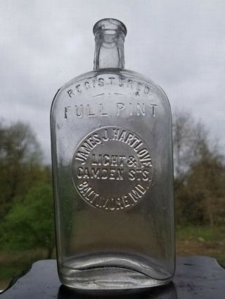 James J Hartlove Strap Side Whiskey Flask Baltimore Md Maryland Antique Bottle