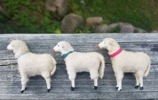 Vintage/antique Flock Of 3 Putz Stick - Leg Nativity Wooly Sheep/lambs Animals