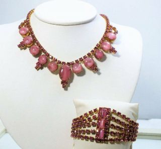 Vintage Pink Rhinestone Moon Glow Collar Necklace & Bracelet Set
