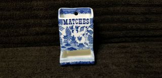 Blue Willow Porcelain Kitchen Wooded Match Box Holder Wall Mounted