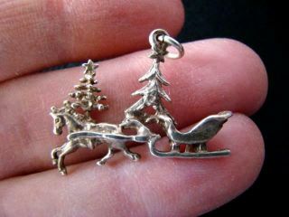 Vintage Sterling Christmas Horse Drawn Sleigh & Tree Holiday Bracelet Charm