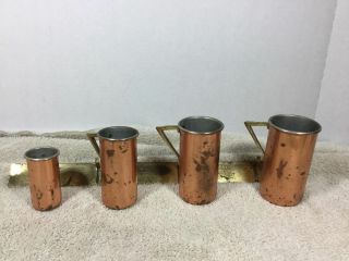 Vintage Copper Measuring Cup Set With Brass Hanging Rack