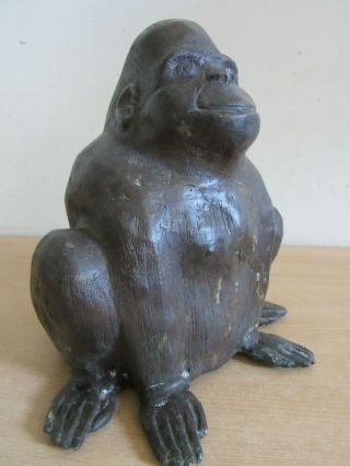 Vintage Hand Crafted Bronze Sitting,  Smiling Gorilla Statue Artist Signed Deail