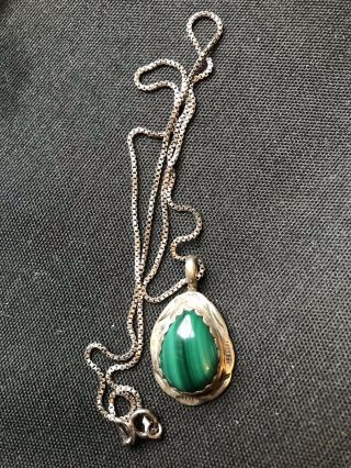 Vintage Sterling Silver 925 Green Malachite Pendant Necklace