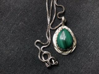 Vintage Sterling Silver 925 Green Malachite Pendant Necklace 2