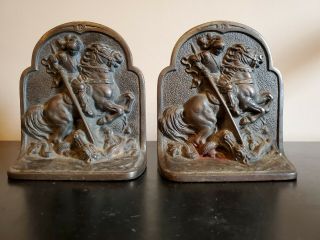 Pair Antique Cast Iron Hubley Book Ends Bookends St George Slaying Dragon 312
