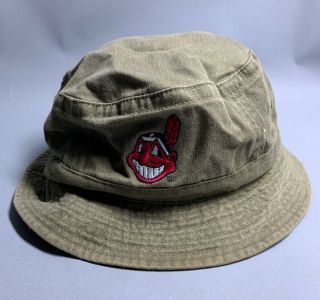 Vintage Cleveland Indians Chief Wahoo Logo Bucket Hat Mlb Baseball Khaki 90s