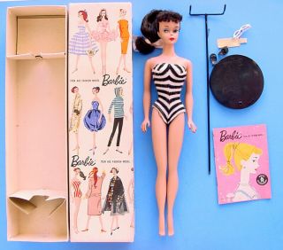 1960 Brunette 4 Ponytail Barbie W 2 Stand In 1st Issue Box