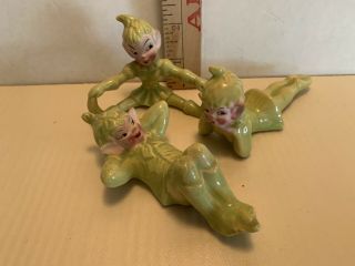 Vintage Gilner Pixie Elf Figurines Christmas Decorations Chartreuse Set Of 3