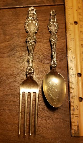 Whiting Lily Sterling Silver 6 3/4 " Dinner Fork - Jarboe & Kansas City Souv.  Spoon