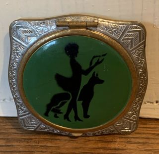 Vintage Art Deco Annette Two Toned Silver & Gold Girl W/dog Enamel Lid Compact
