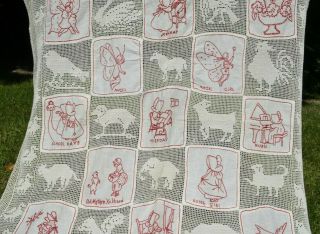 Rare Antique Crocheted & Redwork Embroidery Quilt Top Baby / Childs Animals