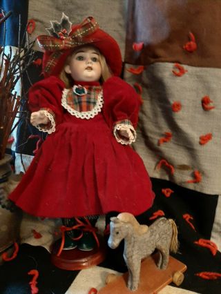 Rare Antique 14 - Inch Am 360 Doll In Antique Christmas Dress & Bonnet/hh Wig