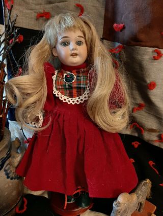 RARE Antique 14 - Inch AM 360 Doll In Antique Christmas Dress & Bonnet/HH Wig 2
