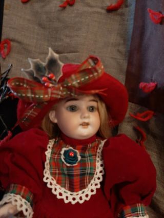 RARE Antique 14 - Inch AM 360 Doll In Antique Christmas Dress & Bonnet/HH Wig 3