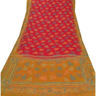 Sanskriti Vintage Red Saree Blend Georgette Printed Sari 5 Yd Craft Soft Fabric 3