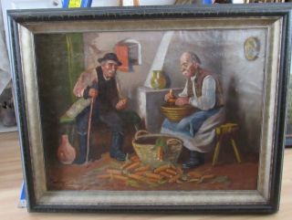 Antique Hungarian Interior Scene Of Two Man Conversation O/c Painting,  Large