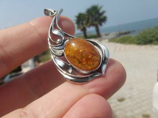 Vintage Baltic Amber Handmade Sterling Silver 925 Pendant Pin Necklace 2 "