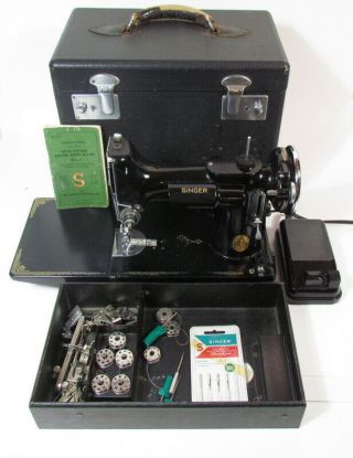 Antique 1937 Singer 221 Featherweight Sewing Machine W/ Case & Accessories