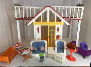 Vtg 1970s Barbie Doll A Frame Dream House Cottage Yellow Orange Flower Furniture