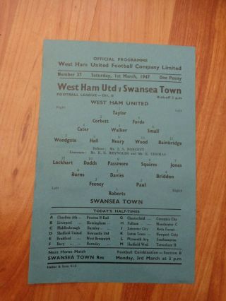 Vintage West Ham United V Swansea Town 1947 Football League Div 2 Programme