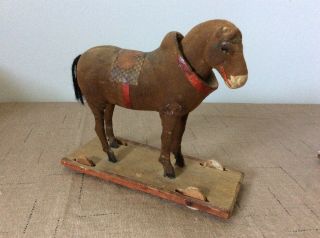 Antique Paper Mache And Wood Pull Tot Horse