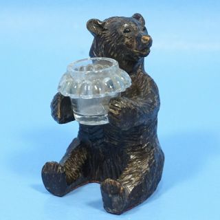 3 " Antique Swiss Black Forest Wood Carving Bear Glass Inkwell Brienz C1920