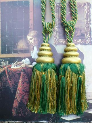 Pair Large Vintage Gorgeous Green & Gold Tasselled Curtain Tie Backs