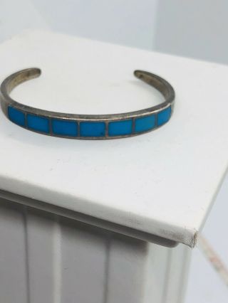 Vintage Native American Turquoise Inlay Sterling Silver Cuff Bracelet