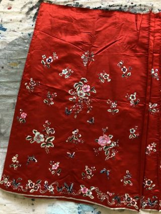 Antique 1920s 30s Chinese Embroidered Red Silk Skirt Wedding Floral Butterflies 2