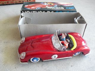 Vintage 1970s Tin Friction Red Race Racing Car 8 1/2 " Long