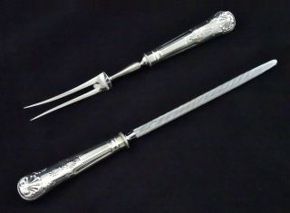 Vintage Kings Pattern Silver Plated Carving Set Fork And Sharpening Steel