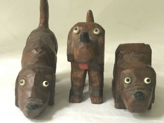 3 Vintage Dog Figurines Hand Carved Wood Folk Art Signed Wooden Dogs Small