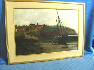 Antique Oil Painting C.  1915 Harbor/cove/ Fishing Boat By Listed John M.  Bromley