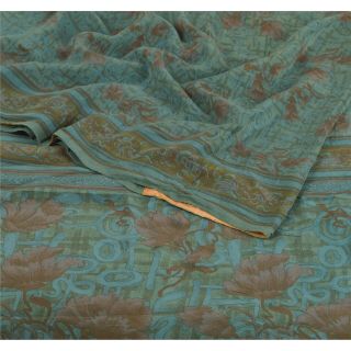 Sanskriti Vintage Green Saree Pure Crepe Silk Printed Fabric 5yd Craft Sari