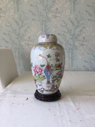 Antique Chinese Famille Rose Porcelain Vase With Lid And Stand