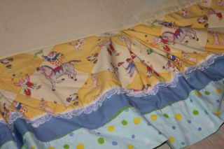 Crib Skirt Dust Ruffle Nursery Baby Yellow Circus Clowns Horses Dogs Vintage