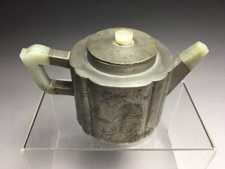 Antique Qing Chinese Yixing Pewter & Jade Teapot With Calligraphy 3
