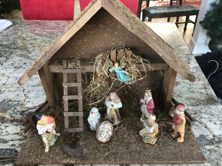 Vintage Large Christmas Nativity Manger Stable Creche 9 Figures 18 " L 14 " H 8 " D Ec