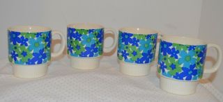 Vintage Coffee Cup Mug Set/4 Japan Mid Century Blue Green Floral White Porcelain