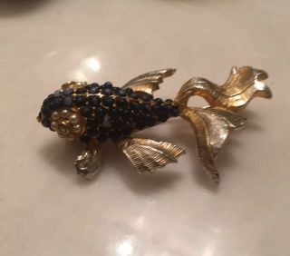 Vintage Hattie Carnegie Signed Fish Brooch Pin Dark Blue Enamel Faux Pearl Bead