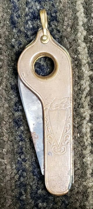Vintage Antique Early 20th Century Single Blade Knife Cigar Cutter W/ Chain Loop